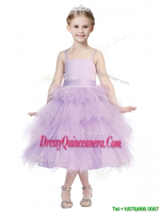 Beautiful Spaghetti Straps Lavender Little Girl Pageant Dress with Beading and Ruffled Layers