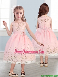 Beautiful Scoop Little Girl Pageant Dress with Hand Made Flowers and Sequins