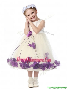 Gorgeous Scoop Little Girl Pageant Dress with Purple Hand Made Flowers and Appliques