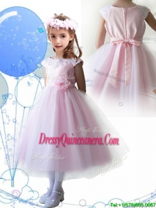 Lovely Scoop Hand Made Flowers and Appliques Little Girl Pageant Dress in Baby Pink