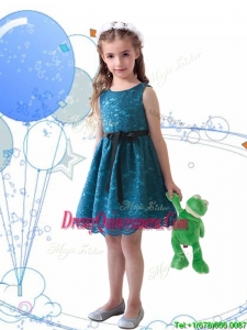 Wonderful Laced and Sashed Scoop Little Girl Pageant Dress in Teal