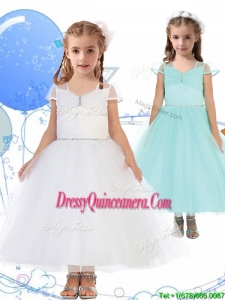 See Through Square Cap Sleeves Little Girl Pageant Dress with Beading