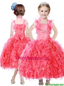 Beautiful Beaded and Ruffled Straps Little Girl Pageant Dress in Coral Red