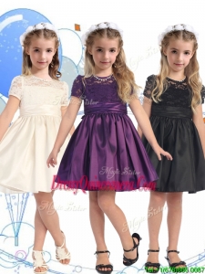 See Through Scoop Short Sleeves Little Girl Pageant Dress with Lace and Belt