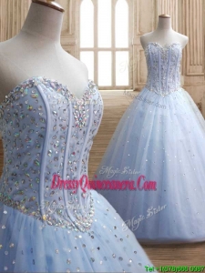 New Style Beaded Bodice Tulle Quinceanera Dress in Light Blue