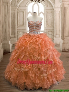 Exquisite Rust Red Organza Quinceanera Dress with Beading and Ruffles