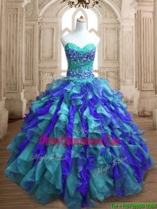 Affordable Teal and Blue Sweet 16 Dress with Appliques and Ruffles