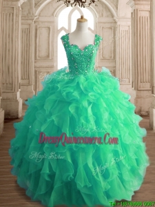 Affordable Beaded and Ruffled Straps Quinceanera Dress in Spring Green