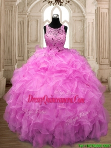 See Through Scoop Hot Pink Sweet 16 Dress with Beading and Ruffles