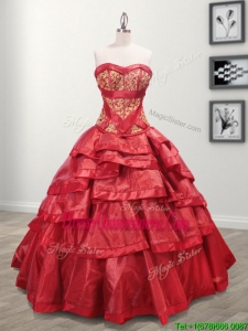 Most Popular Taffeta Red Quinceanera Dress with Appliques and Ruffled Layers