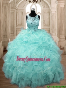 See Through Scoop Beading and Ruffles Quinceanera Dress in Aqua Blue