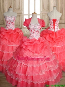 Sweet Beaded and Ruffled Layers Quinceanera Dress in Coral Red
