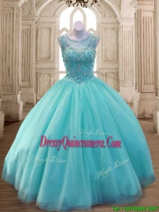 See Through Scoop Aqua Blue Quinceanera Dress with Beading for Spring