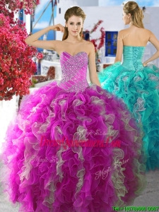 Best Fuchsia and White Organza Sweet 16 Dress with Beading and Ruffles