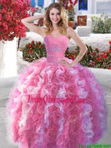 Best Rose Pink and White Quinceanera Dress with Beading and Ruffles