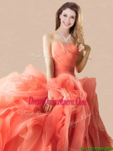 Exclusive Rolling Flowers Orange Red Quinceanera Dress with Brush Train