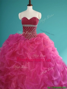 Gorgeous Beaded and Pick Ups Organza Quinceanera Dress in Fuchsia