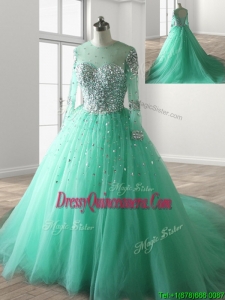 See Through Scoop Long Sleeves Beading Quinceanera Dress with Brush Train