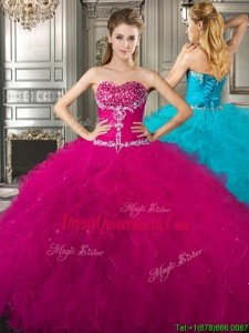 New Style Affordable Beaded and Ruffled Fuchsia Sweet 16 Dress in Tulle