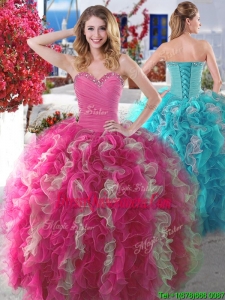 New Style Beaded and Ruffled Quinceanera Gown in Hot Pink and Champagne