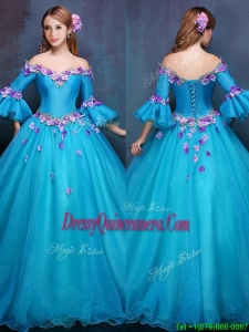 New Style Elegant Off the Shoulder Three Fourth Length Sleeves Quinceanera Dress with Appliques