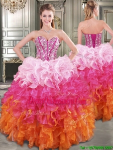 New Style Gradient Color Big Puffy Sweet 16 Dress with Beading and Ruffles