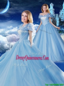 New Style Off the Shoulder Brush Train Applique Quinceanera Gown with Removable Cap Sleeves