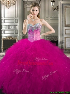 New Style Pretty Beaded and Ruffled Tulle Sweet 16 Dress in Fuchsia