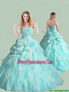 New Style Spaghetti Straps Brush Train Quinceanera Dress with Handcrafted Flowers and Bubbles