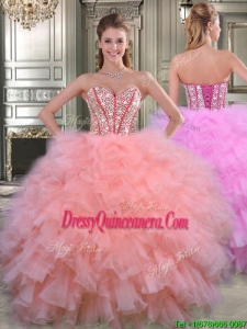 New Style Visible Boning Beaded Bodice and Ruffled Quinceanera Dress in Watermelon Red