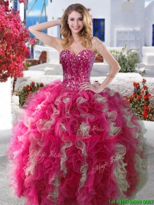 New Style Visible Boning Beaded and Ruffled Quinceanera Dress in Hot Pink