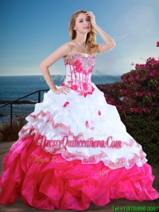 New Style Visible Boning Beaded and Ruffled Quinceanera Gown in Hot Pink and White