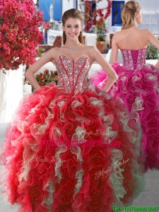New Style Visible Boning Beaded and Ruffled Quinceanera Gown in Red and White