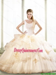 2015 Lovely Beading and Appliques Quinceanera Dresses in Champagne