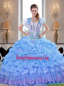 Smart 2015 Baby Blue Luxurious Sweet 16 Dresses with Appliques and Pick Ups