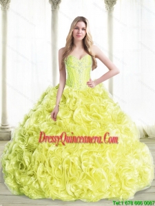 Cheap Beaded Luxurious Sweet 16 Dresses with Rolling Flowers in Yellow