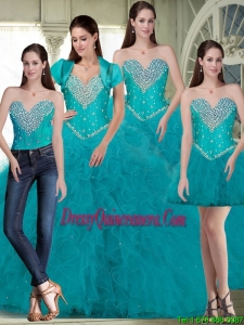 Discount Sweetheart Quinceanera Dresses with Beading and Ruffles in Turquoise