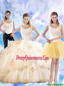 2015 Feminine Appliques and Beaded Pretty Quinceanera Dresses in Champagne
