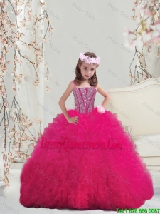 Affordable Spaghetti Hot Pink Little Girl Pageant Dresses with Beading and Ruffles