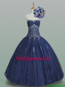 Elegant 2015 Fall Ball Gown Strapless Beaded Quinceanera Dresses in Navy Blue