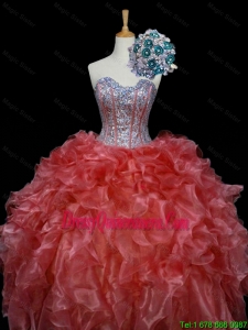 2015 Winter New Style Ball Gown Sweet 16 Dresses with Sequins and Ruffles in Rust Red