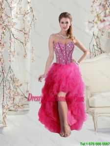 Elegant High Low Sweetheart Beaded and Ruffles Dama Dresses in Hot Pink