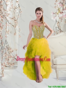 Beautiful High Low Sweetheart Yellow Dama Dresses with Beading and Ruffles