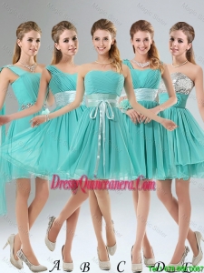 2016 A Line Ruched Lace Up Dama Dresses in Aqua Blue