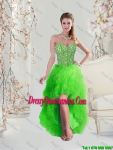 Beautiful High Low Sweetheart Spring Green Dama Dresses with Beading