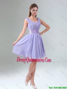2016 Perfect Straps Lavender Ruched Mini Length Dama Dresses with Waistband
