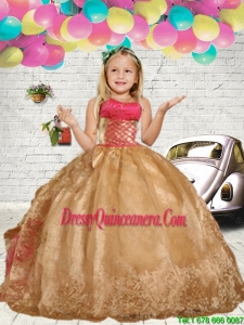 2016 Summer Discount Gold Embroidery Little Girl Pageant Dress with Ruffles