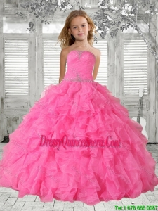 Fashionable 2016 Fall Beading Rose Pink Little Girl Pageant Dress with Ruffles