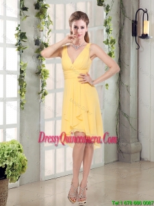Beautiful V Neck Yellow Dama Dresses Mini Length for Spring