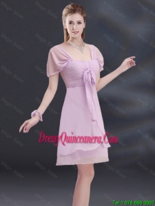Beautiful A Line Square Ruched Dama Dresses with Cap Sleeves